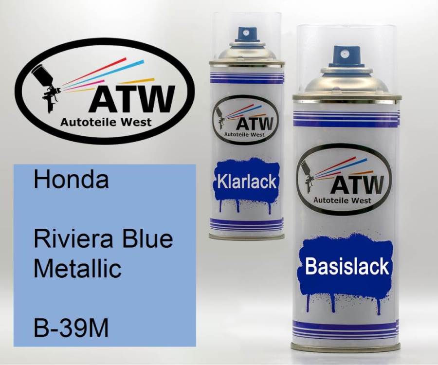 Honda, Riviera Blue Metallic, B-39M: 400ml Sprühdose + 400ml Klarlack - Set, von ATW Autoteile West.
